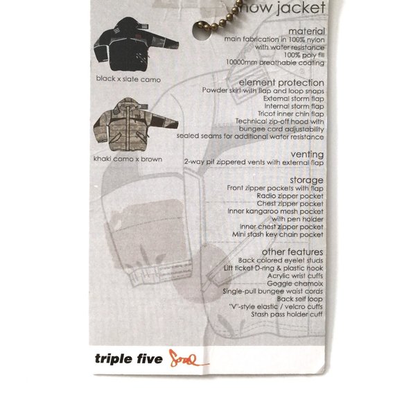 Men's Khaki Camo Snow Jacket, Triple Five Soul Men's US Size S, Brand New - Picture 13 of 13